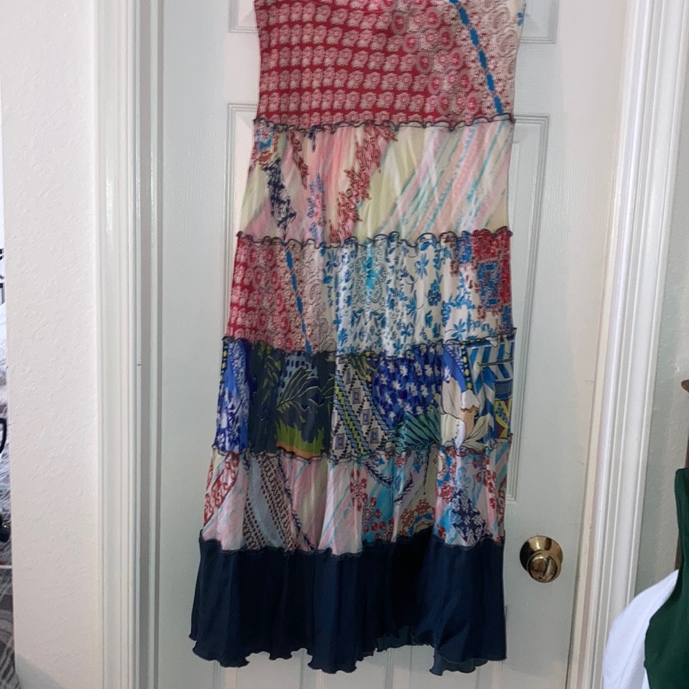 Johnny Was Tiered Multicolor Patchwork Silk Maxi Skirt